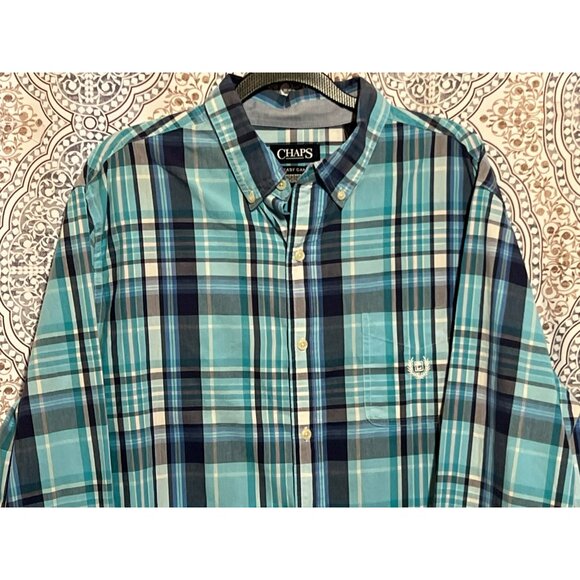 Chaps Easy Care Plaid Button Down Shirt In Teal & Navy L - Picture 3 of 8
